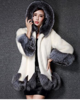 Winter hooded fur coat faux fur rabbit fur overcoat