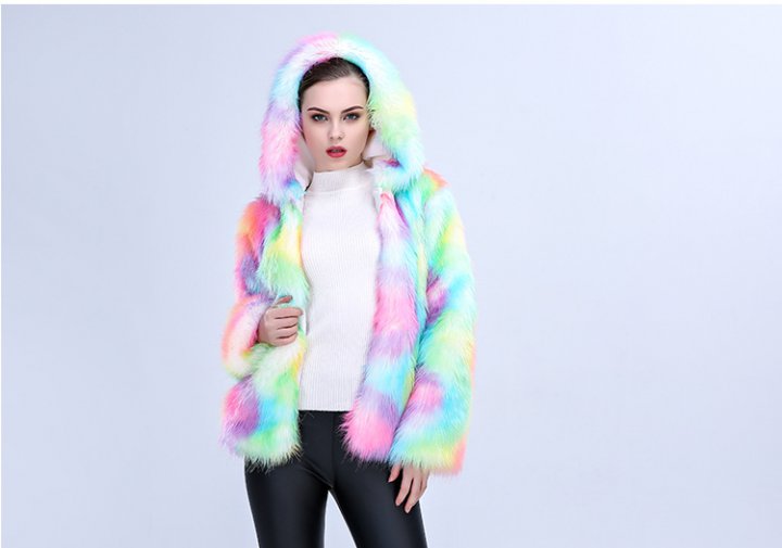 Hooded thermal fur coat short colors coat for women