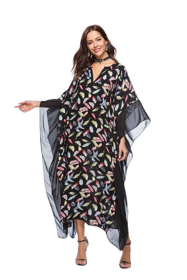 Bat sleeve V-neck spring printing dress