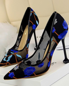 Mesh pointed low flowers high-heeled European style sexy shoes