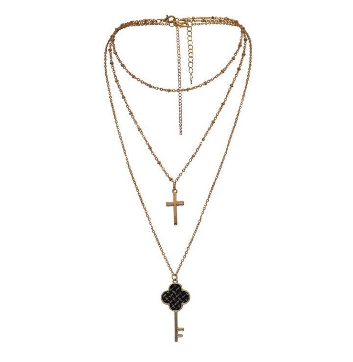 Gold crosses multilayer clavicle necklace pendant key collar