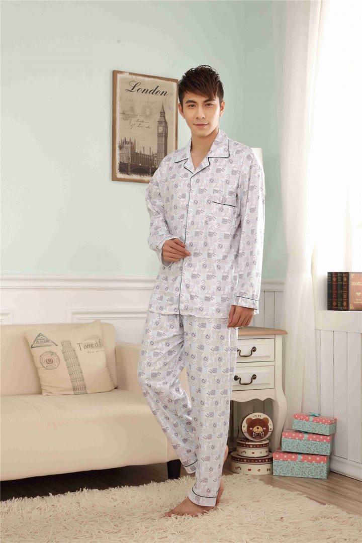 Autumn pajamas plaid cardigan 2pcs set for men
