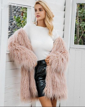 Fashionable plain overcoat long hair faux fur coat