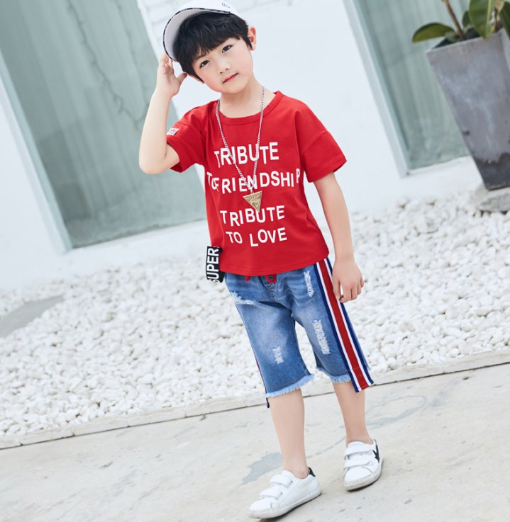 English word short sleeve kids summer child T-shirt 2pcs set