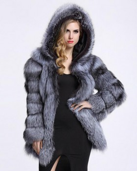 Fox fur hooded long faux fur nine points sleeve coat for women