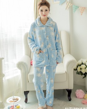 Flannel cardigan lovely pajamas 2pcs set for women