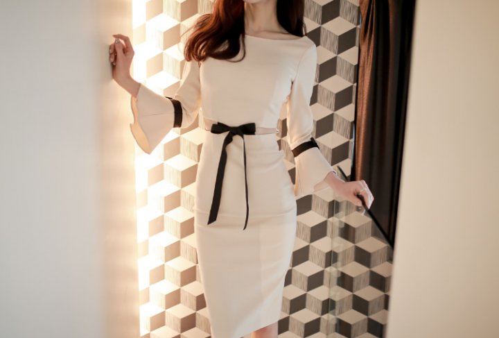 Sexy split autumn bow package hip long fashion dress