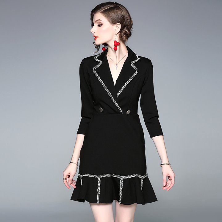 Lotus leaf edges V-neck business suit rome black dress