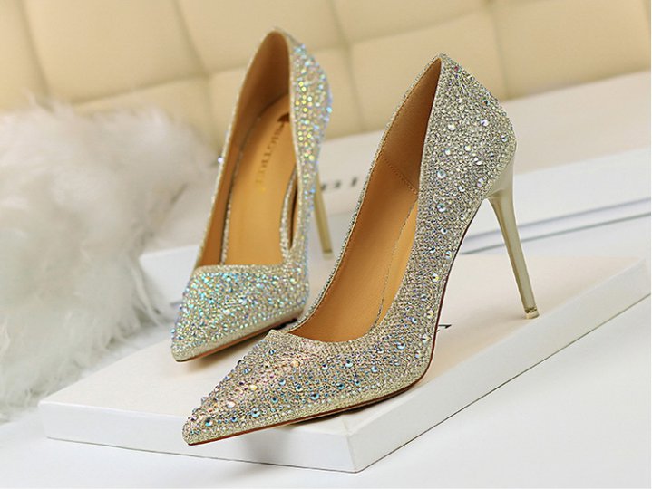 Sexy rhinestone slim low diamond pointed shoes for women