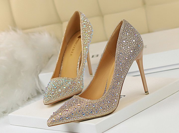 Sexy rhinestone slim low diamond pointed shoes for women