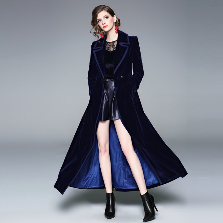Blue European style coat velvet long skirt