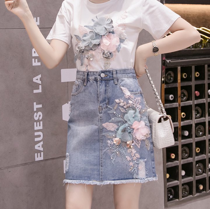 Elegant denim skirt flowers decoration skirt