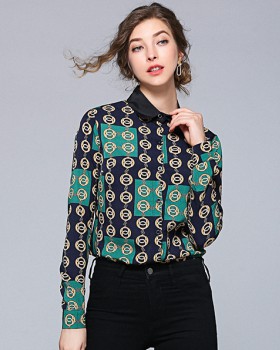 Printing European style lapel long sleeve shirt for women