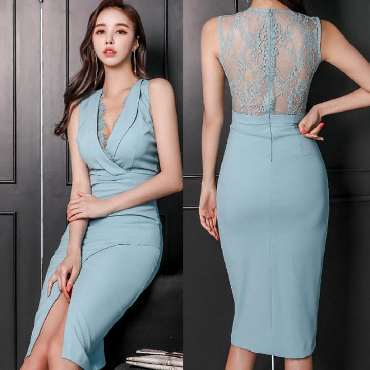 Korean style splice package hip V-neck lace dress for women
