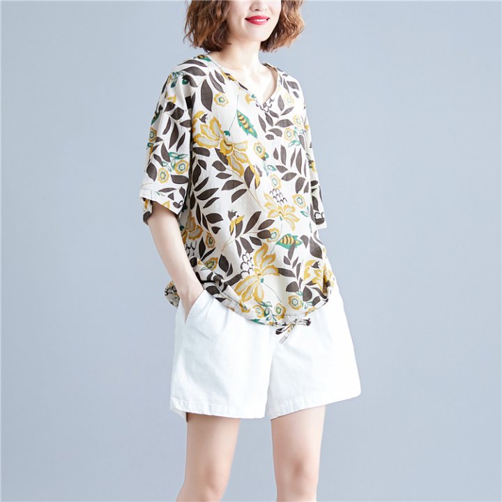 Cotton linen art T-shirt large yard retro tops for women