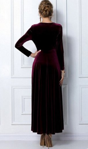 Fashion spring velvet long sleeve V-neck dress