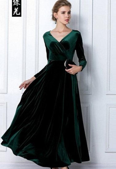 Fashion spring velvet long sleeve V-neck dress