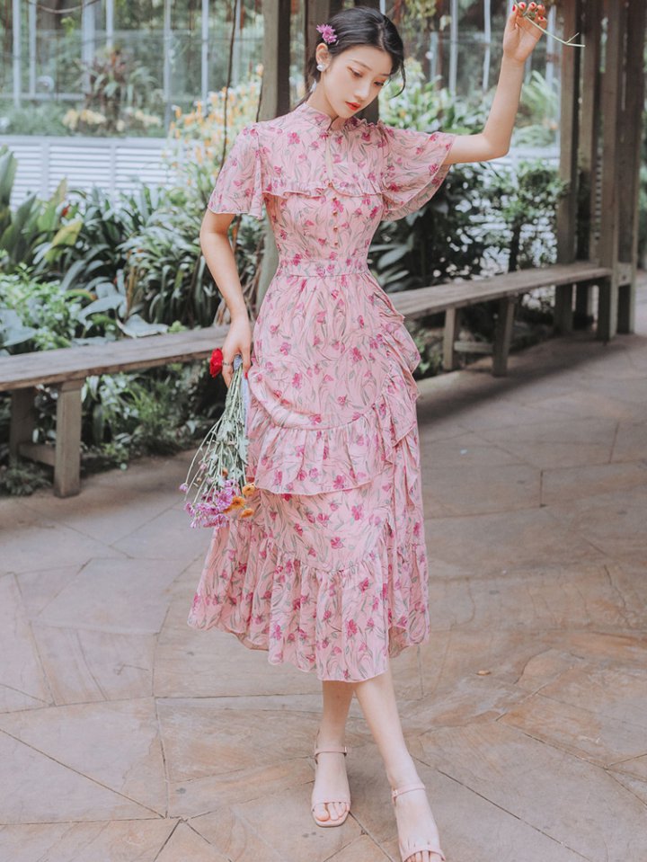 Retro floral summer long dress lady pink dress