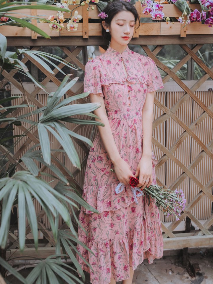 Retro floral summer long dress lady pink dress