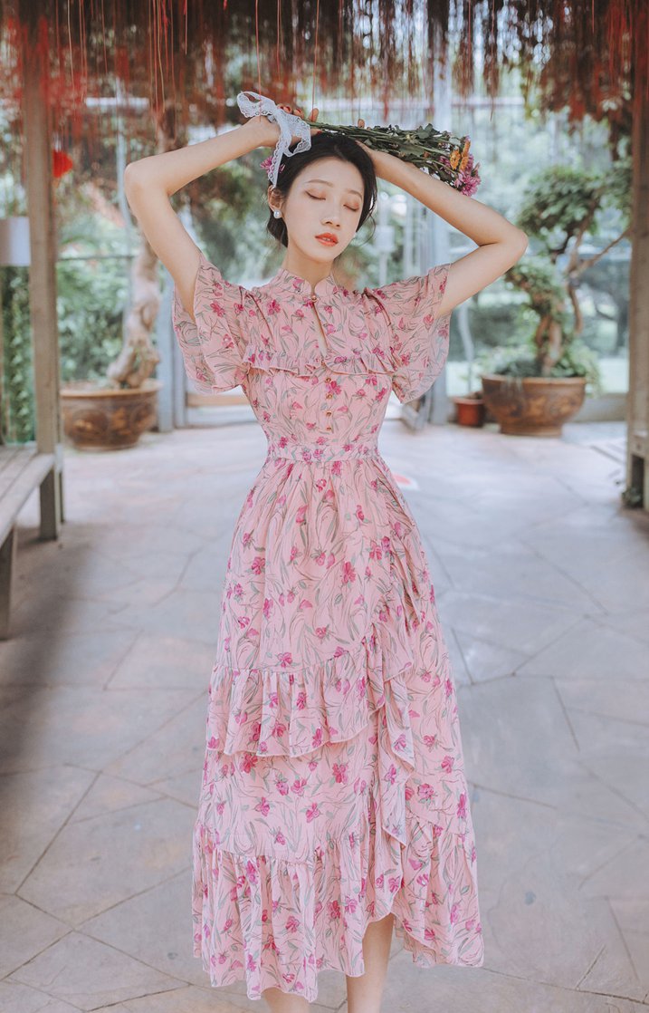 Retro floral summer long dress lady pink dress