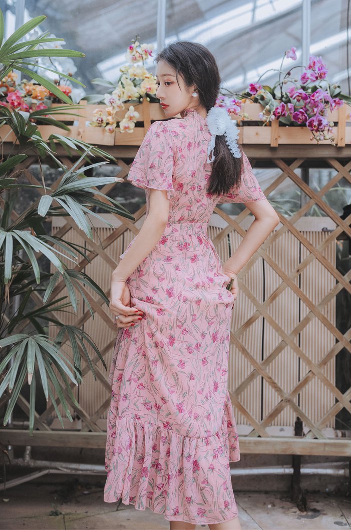 Retro floral summer long dress lady pink dress