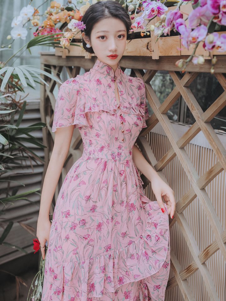 Retro floral summer long dress lady pink dress