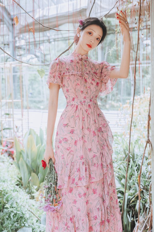 Retro floral summer long dress lady pink dress