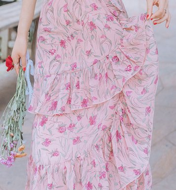 Retro floral summer long dress lady pink dress