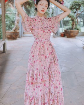 Retro floral summer long dress lady pink dress
