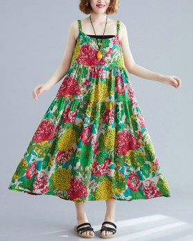 Big skirt sling floral vacation cotton linen dress