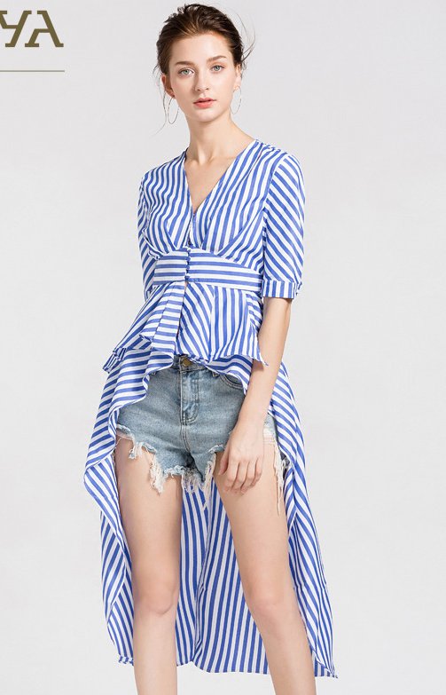 Stripe dovetail summer tops irregular V-neck shirt for women
