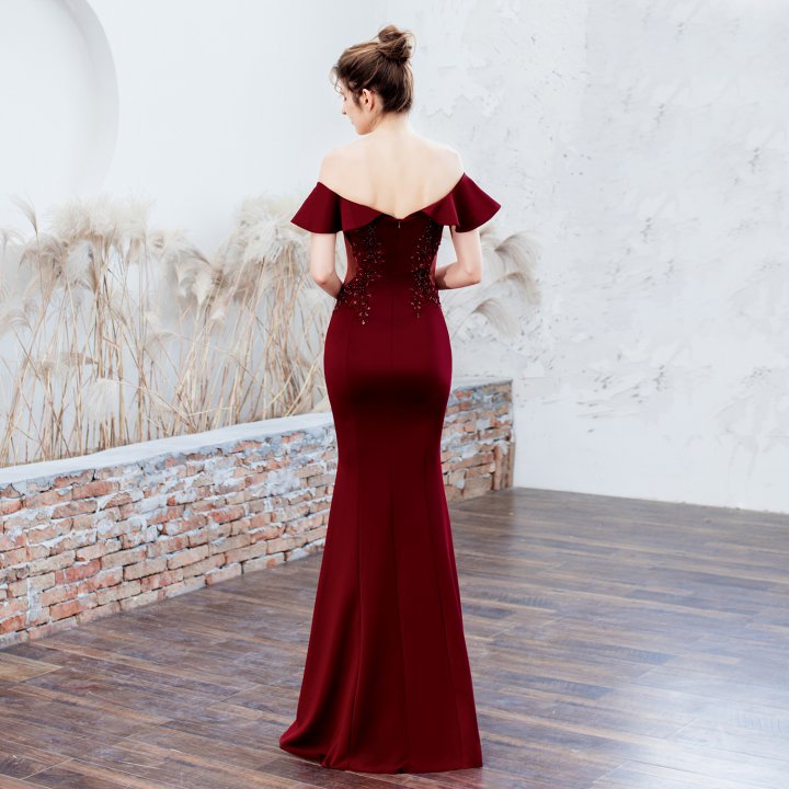 Wedding red evening dress flat shoulder long dress