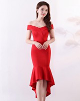Spring sexy formal dress red flat shoulder evening dress