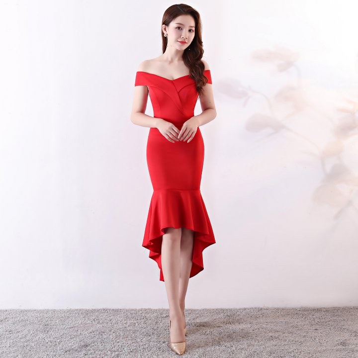 Spring sexy formal dress red flat shoulder evening dress