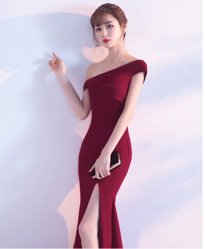 Sexy flat shoulder long evening dress for women