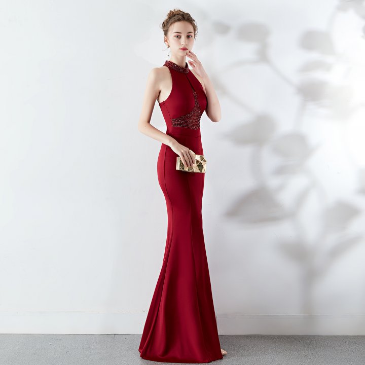 Fashion long bride halter red mermaid banquet evening dress