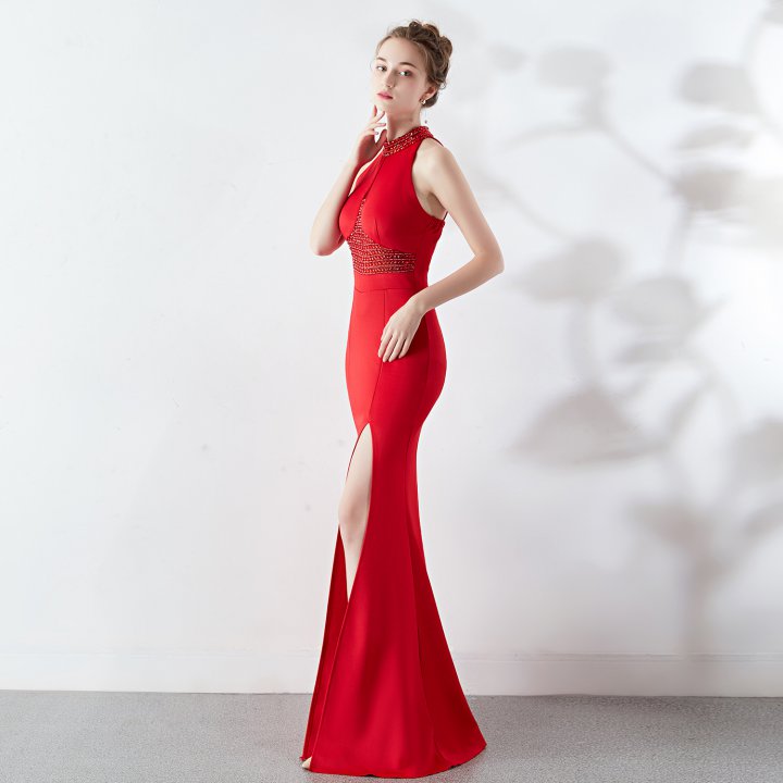 Fashion long bride halter red mermaid banquet evening dress