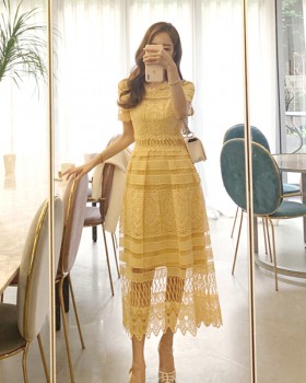 Lace temperament yellow hollow summer dress for women