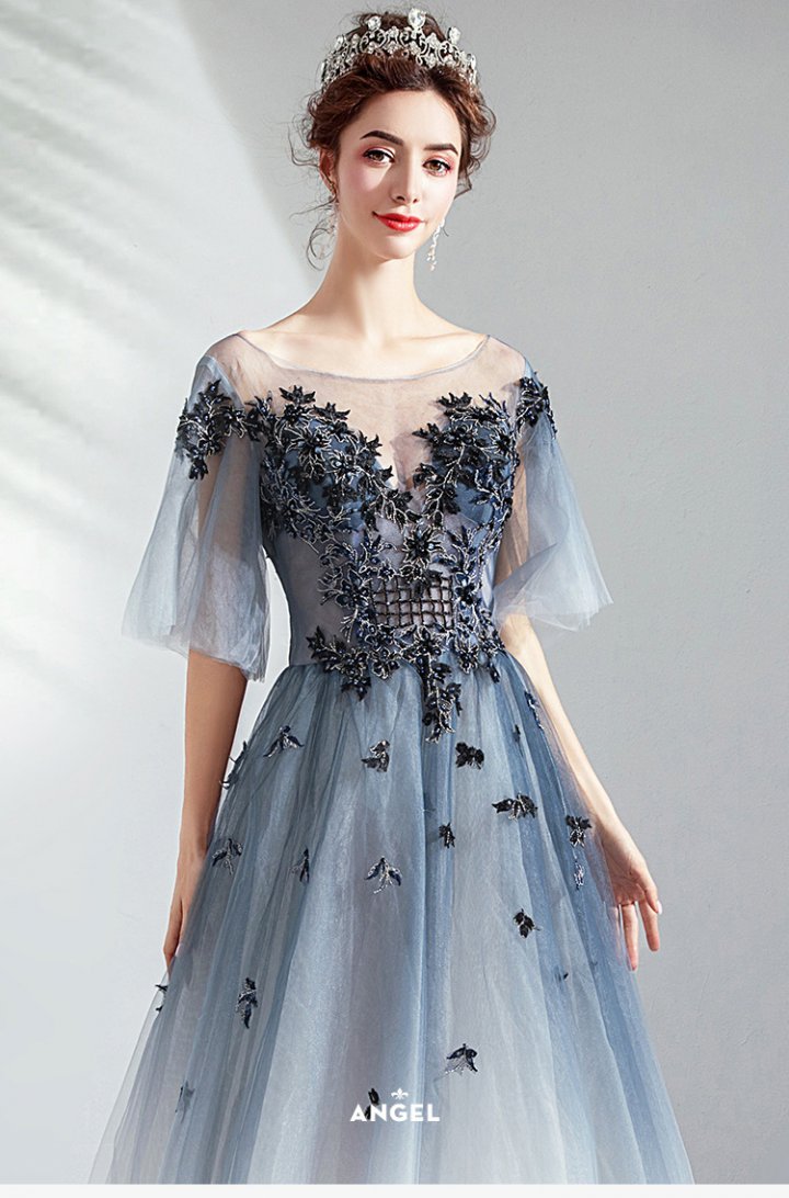 Embroidery perform blue stage formal dress