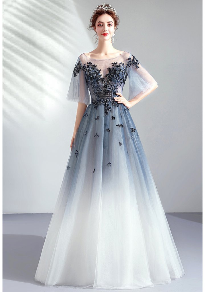 Embroidery perform blue stage formal dress