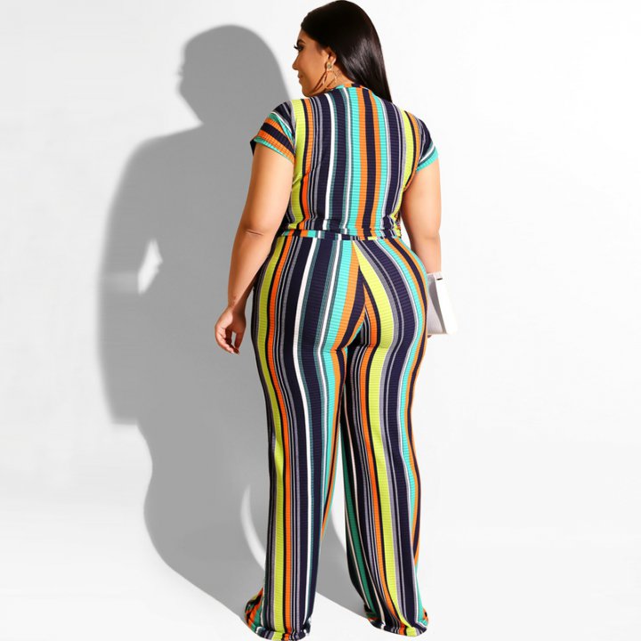 Stripe fashion T-shirt large yard tops 2pcs set for women
