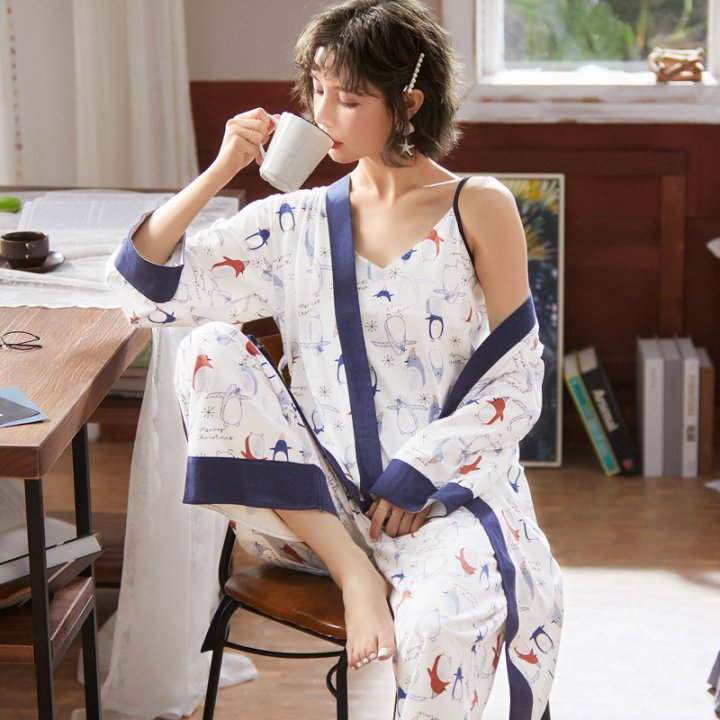 Cotton pajamas long pants 3pcs set for women