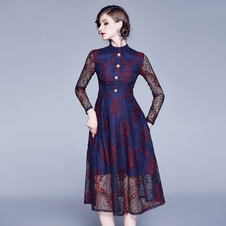 Cstand collar long single-breasted long sleeve dress