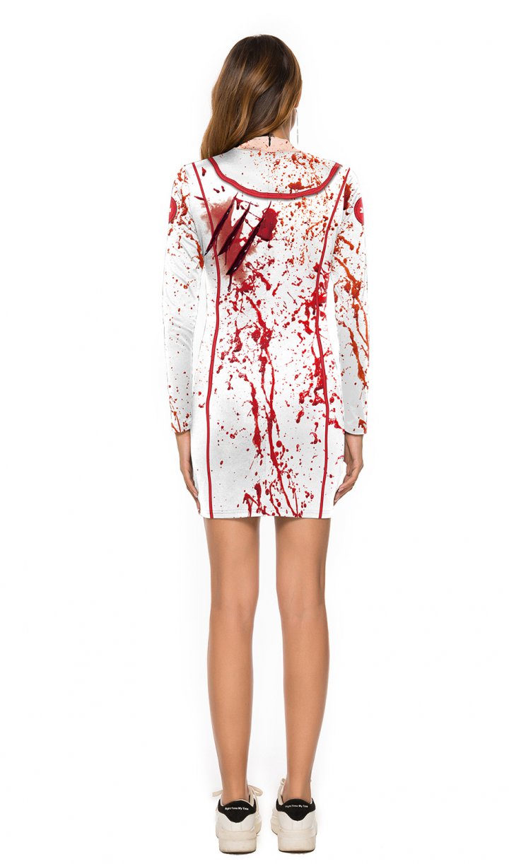 Halloween slim long sleeve round neck nurse dress for women