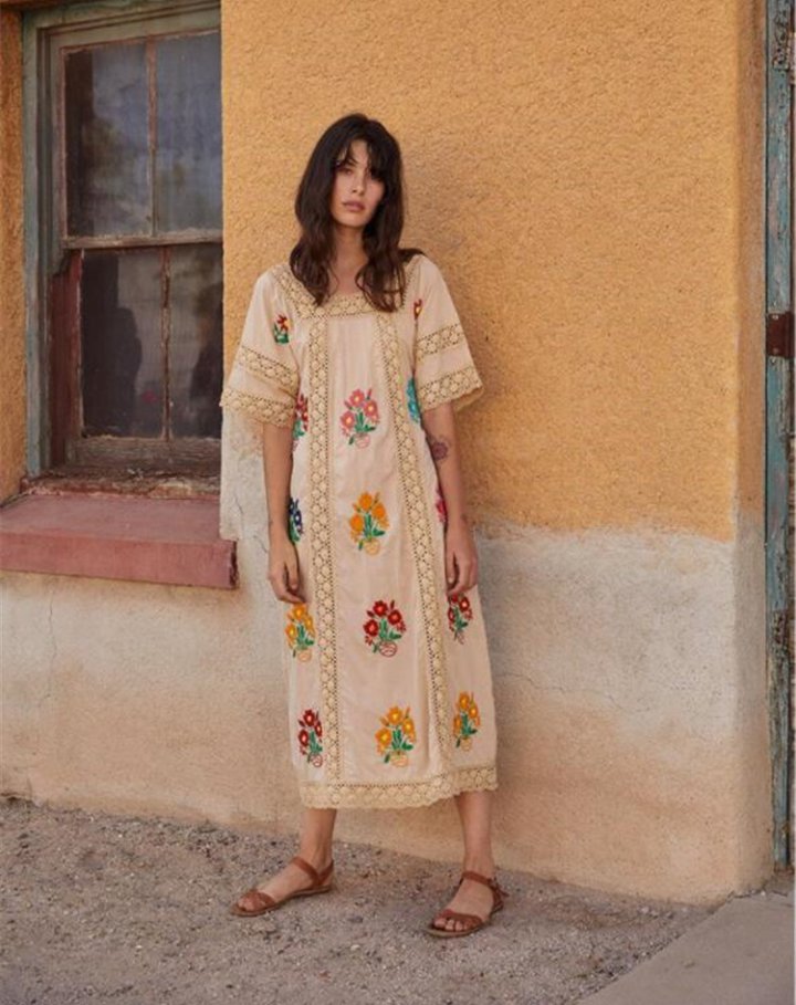 Flowers embroidery Bohemian style hollow long dress