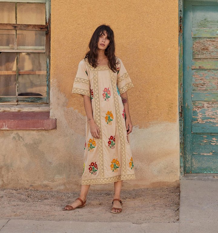 Flowers embroidery Bohemian style hollow long dress