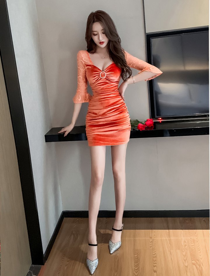 Sexy slim V-neck pinched waist tight nightclub dress for women