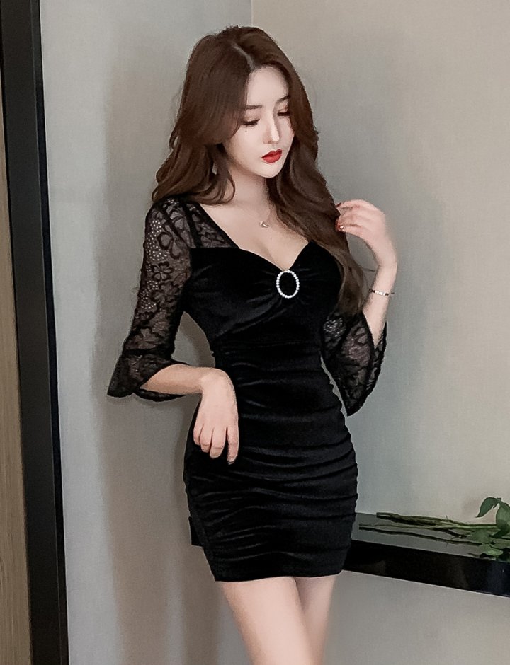 Sexy slim V-neck pinched waist tight nightclub dress for women