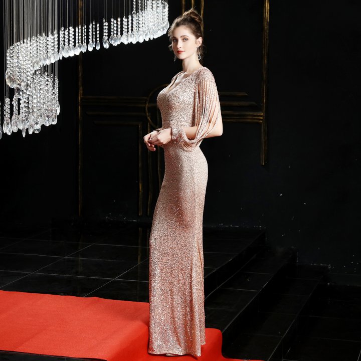 Banquet long sleeve elegant sequins long evening dress