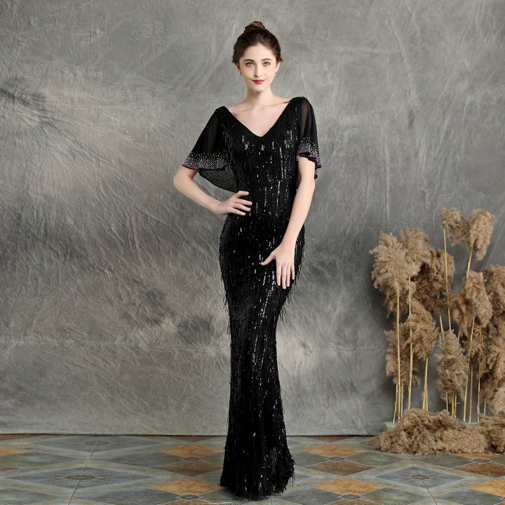Silk autumn banquet mermaid tassels evening dress for women